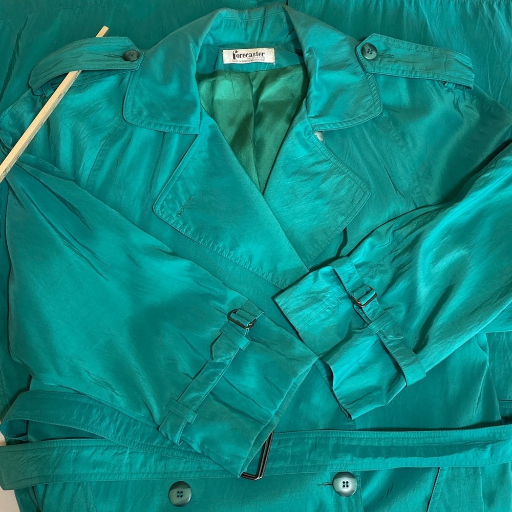 FORCASTER of BOSTON Women's Fully Lined Long Classic Belted Teal Trench Coat-7/8 - Picture 8 of 16